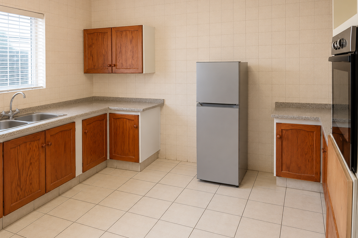 A functional kitchen featuring wood-finish cabinetry, tiled walls, stone-look countertops, a built-in oven, and a double-basin sink with a window view.