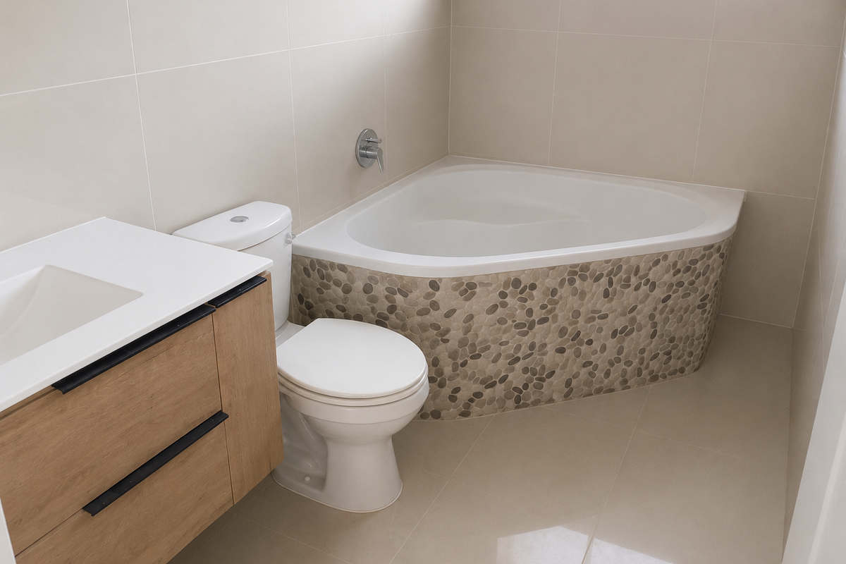 Modern bathroom featuring a corner bathtub with pebble-tiled surround, a wall-mounted faucet, and a contemporary vanity unit with integrated basin.