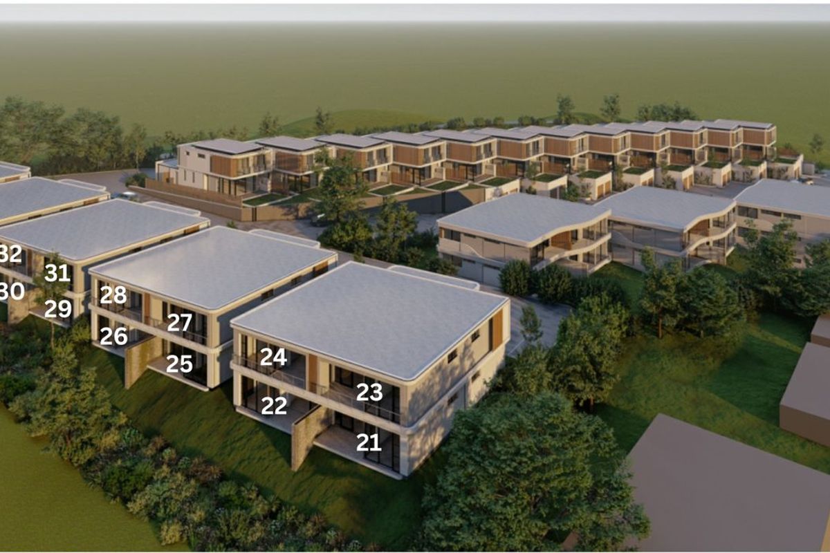 An aerial 3D render showing the layout and positioning of multiple townhouse units within the residential development.
