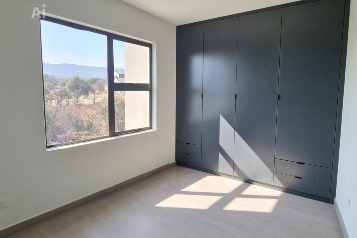 A bright, modern bedroom featuring large windows with scenic views and extensive built-in dark grey cabinetry for ample storage.