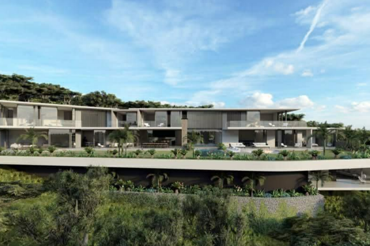 A modern architectural luxury residence featuring expansive glass facades, cantilevered balconies, and integrated landscaping, set within a scenic hillside environment.