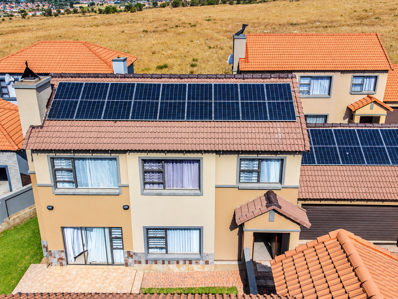 Aerial view of a townhouse featuring a tiled roof with extensive solar panel installation, paved driveway, and attached garage.