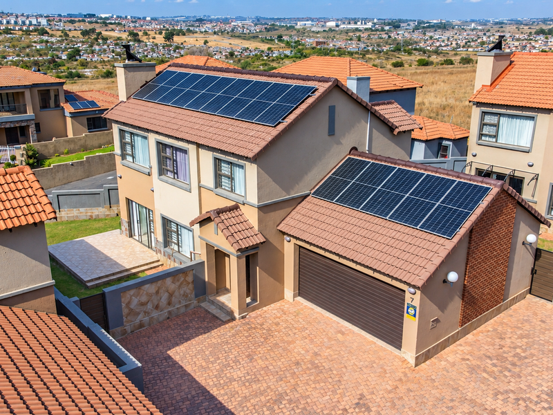 Aerial view of a modern townhouse featuring a tiled roof, integrated solar panels, a paved driveway, and a private garage.