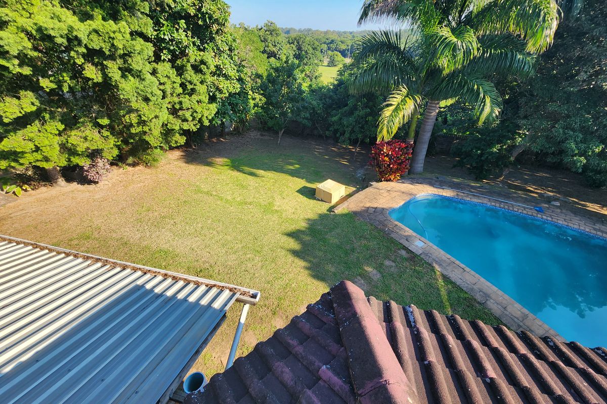 Aerial view of the property backyard featuring a swimming pool, established garden, and roof sections.