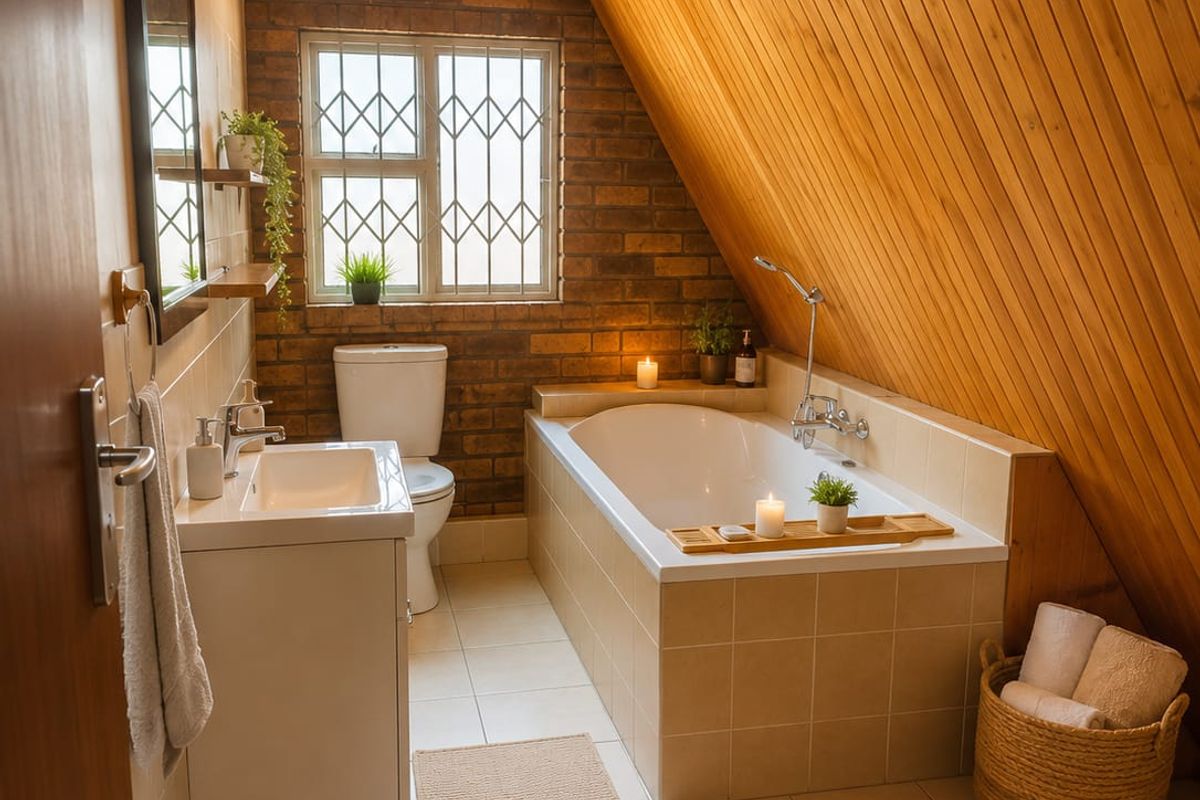 A cozy bathroom featuring a built-in bathtub, vanity sink, toilet, and distinctive wood-paneled sloped ceiling with exposed brick wall accents.