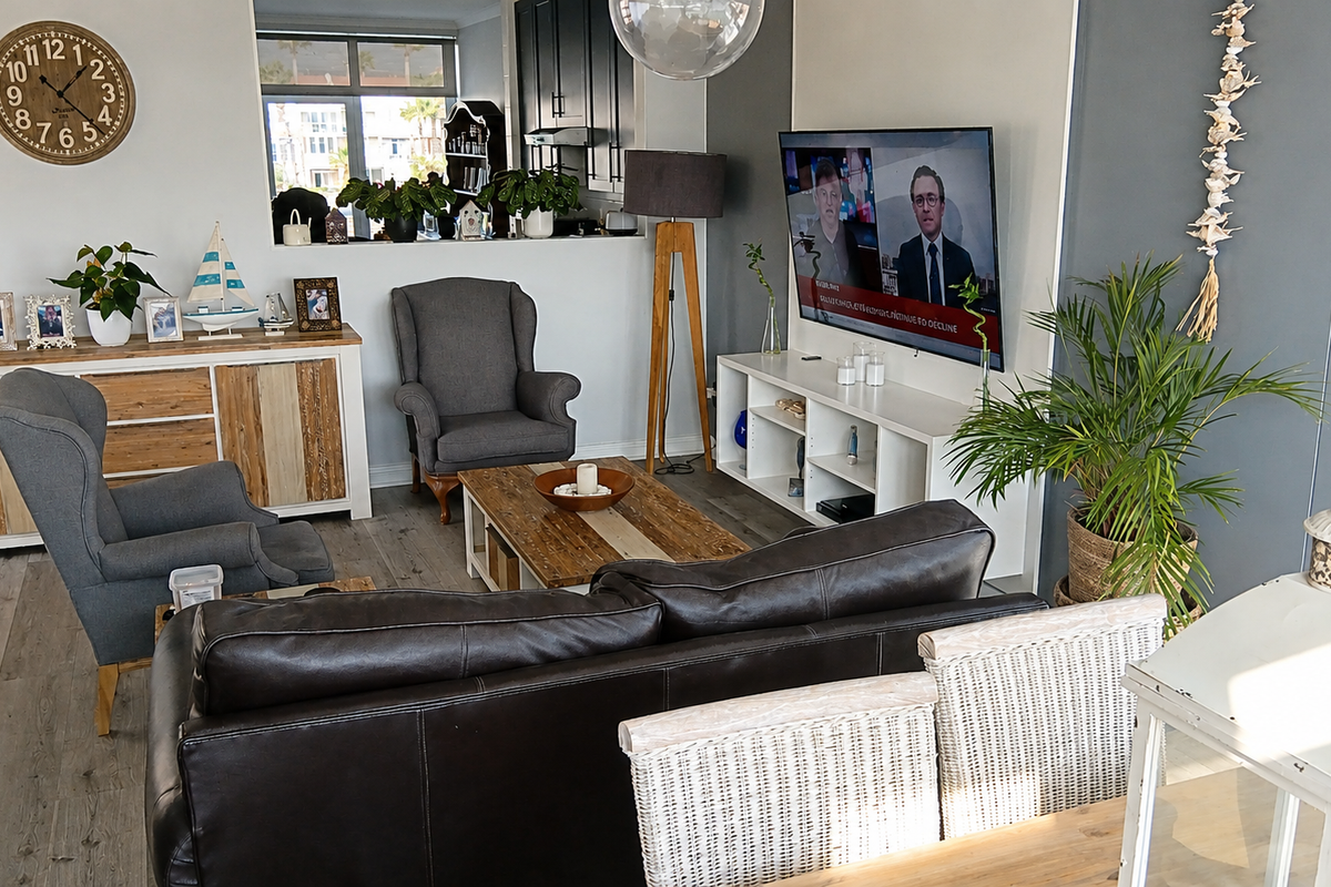 A well-maintained living room featuring laminate flooring, a wall-mounted television, and a convenient pass-through window connecting to the kitchen area.
