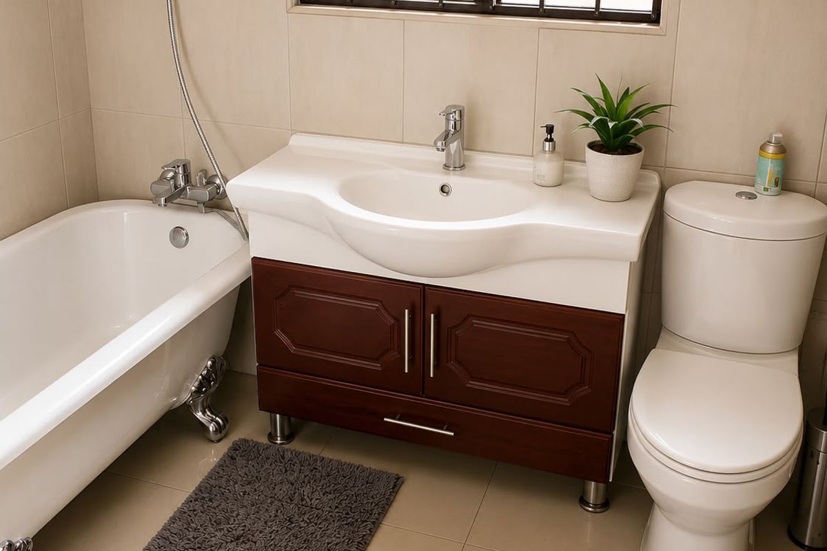 A well-maintained bathroom featuring a classic clawfoot bathtub, a modern vanity with integrated basin, and a standard toilet.