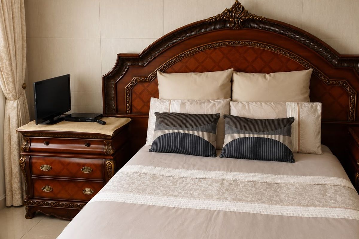 A well-maintained bedroom featuring neutral wall paneling, crown molding, and tiled flooring.