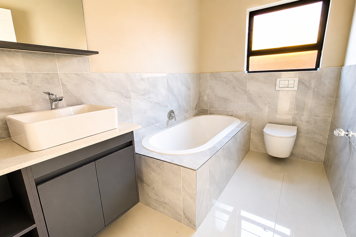Modern bathroom featuring a sleek vanity with vessel sink, built-in bathtub, and wall-mounted toilet with contemporary marble-look wall tiling.