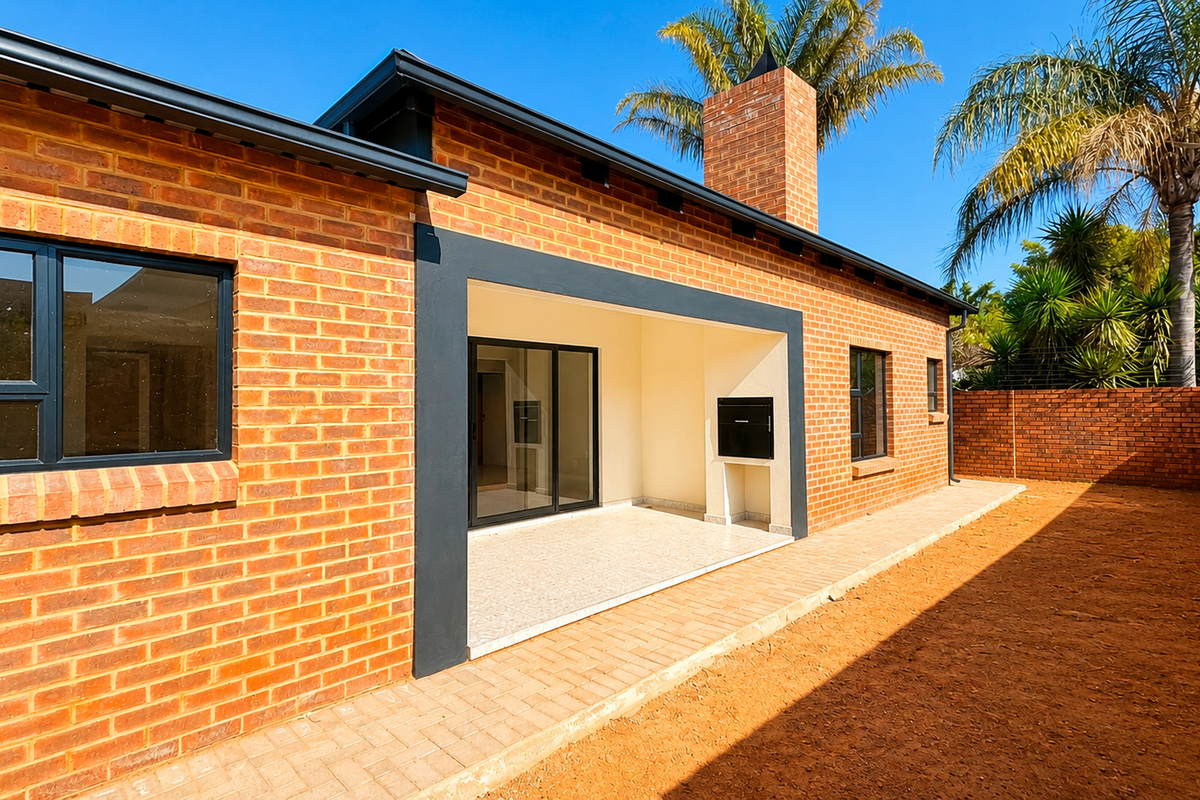 A well-maintained rear exterior view featuring a covered patio with a built-in braai, brick facade, and paved walkway leading to the garden area.