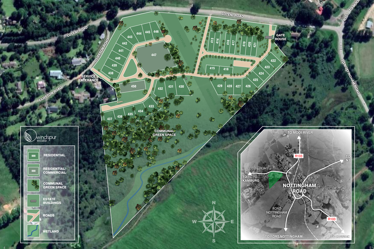 A comprehensive site development plan for Windspur Estate, illustrating residential plot layouts, communal green spaces, road networks, and the surrounding regional location.