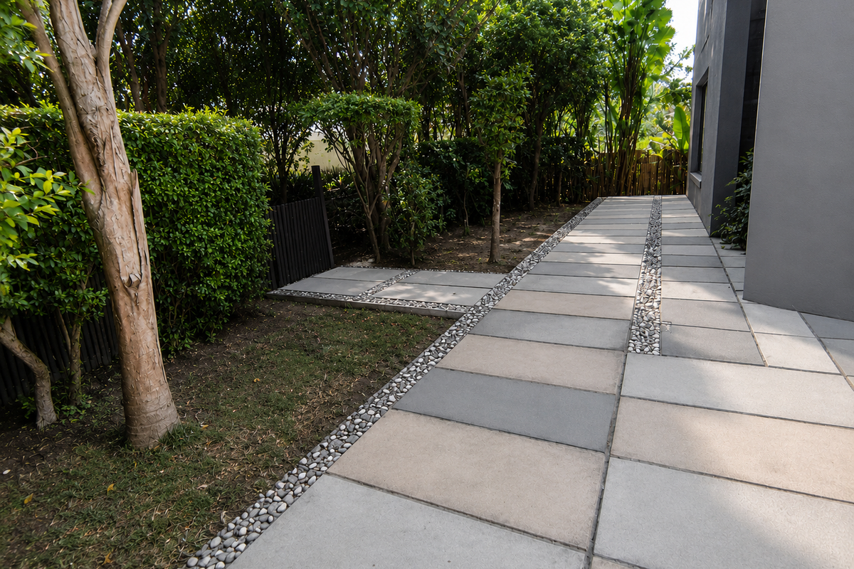 A well-maintained paved walkway alongside the exterior of the house, featuring stone borders and landscaped garden beds with mature trees.