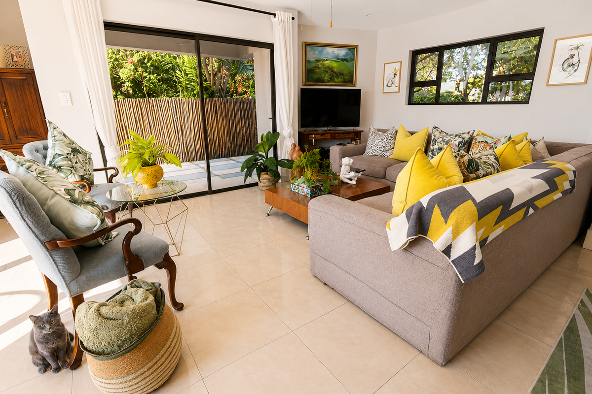 Bright and airy living room featuring large sliding glass doors that open onto a private patio area with tiled flooring throughout.