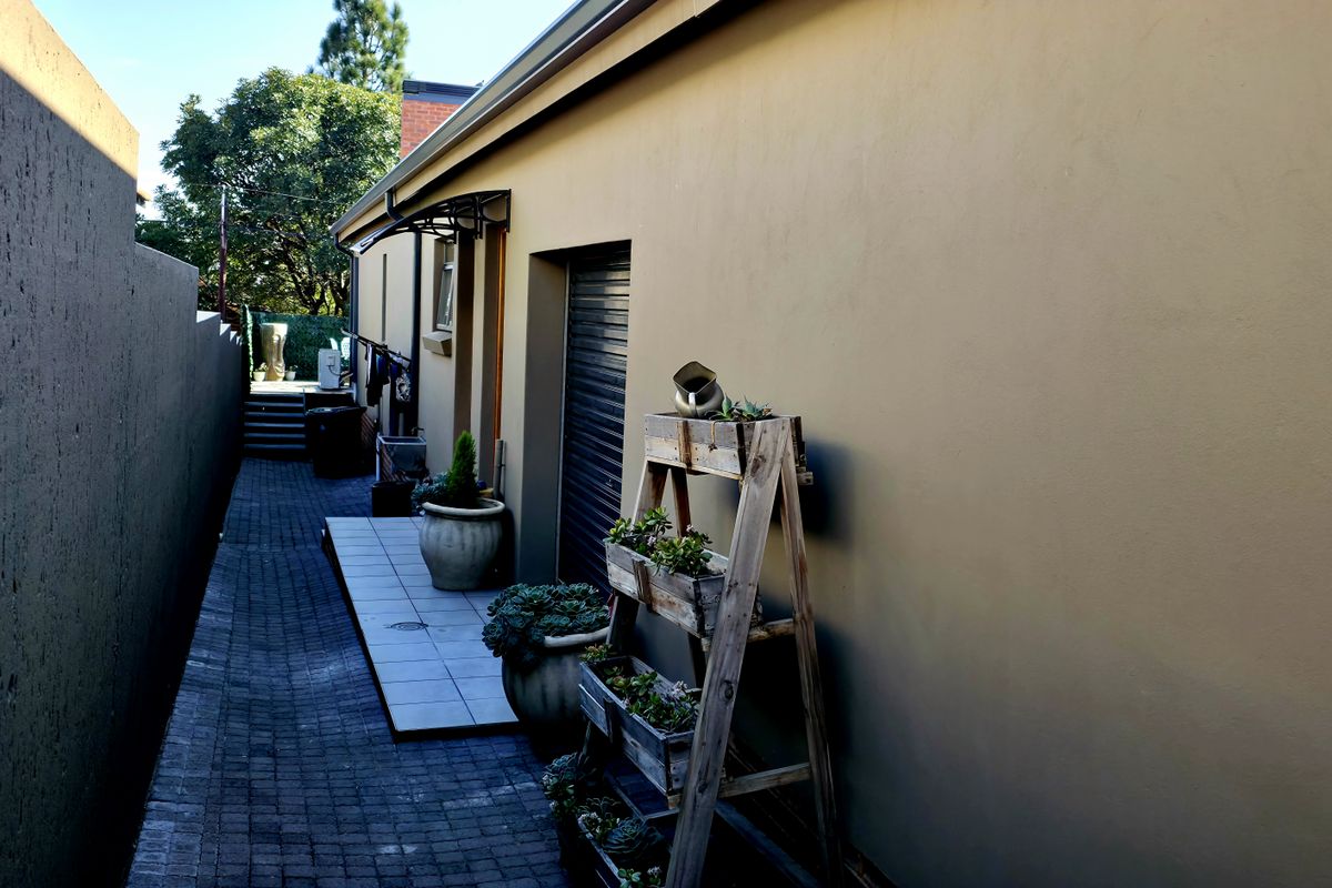 A narrow side passage featuring paved walkways, a tiled section, and a solid boundary wall along the side of the property.