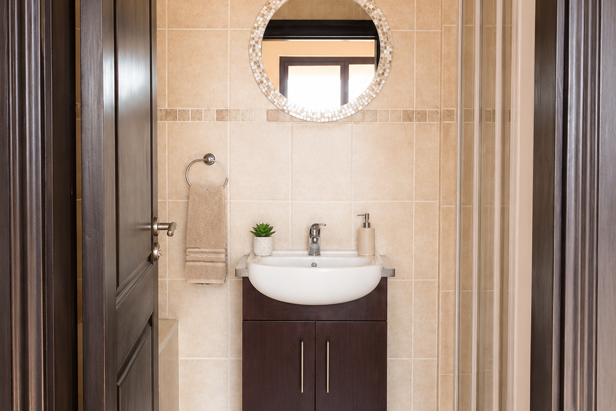 A compact bathroom featuring a modern vanity with a basin, a tiled shower enclosure, and neutral wall and floor tiling.