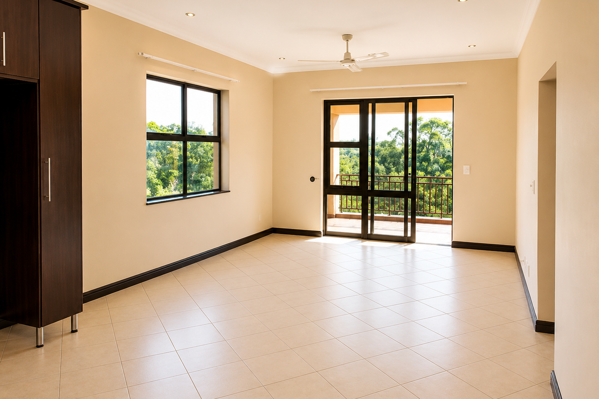 A bright, empty bedroom featuring tiled flooring, built-in dark wood cabinetry, a ceiling fan, and sliding glass doors leading to a private balcony.