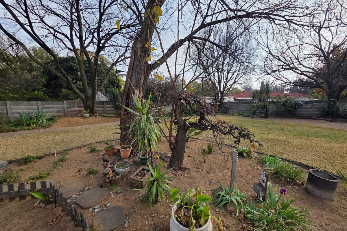 A spacious rear garden featuring mature trees, established lawn areas, and perimeter concrete wall fencing.