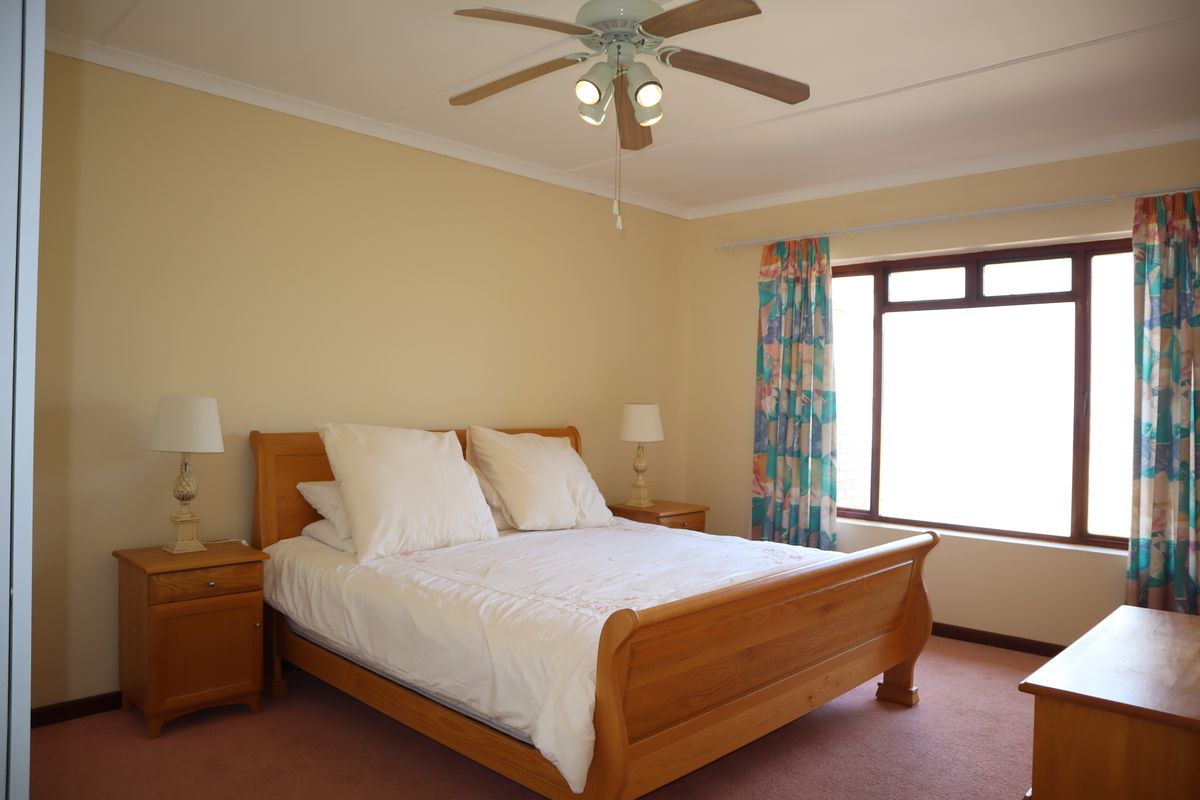 A well-lit bedroom featuring a ceiling fan, carpeted flooring, and a large window providing natural light.