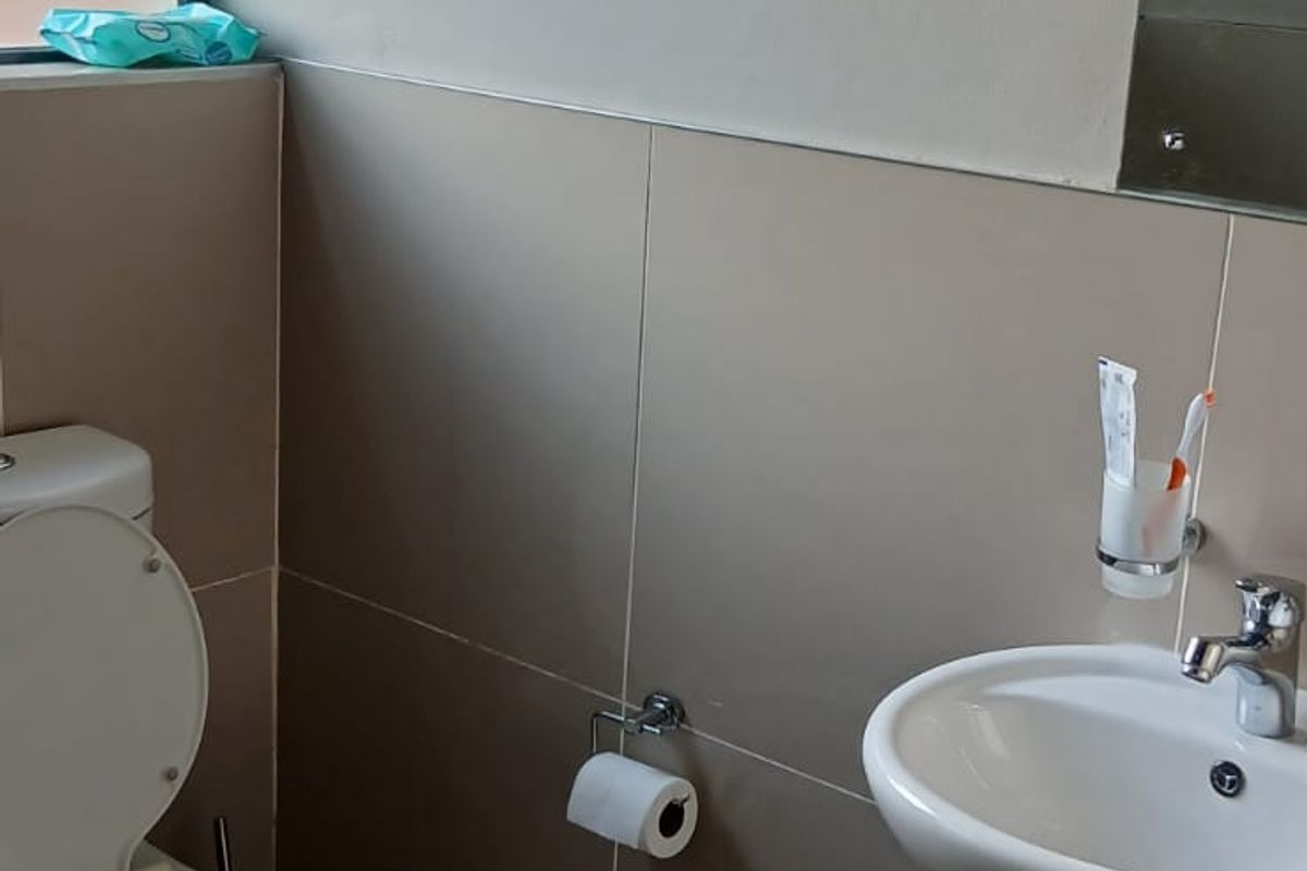 A functional guest bathroom featuring a pedestal basin, toilet, and neutral wall tiling with a window for natural light.