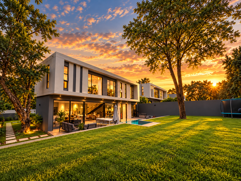 A stunning modern cluster home featuring a landscaped garden, swimming pool, and expansive sliding glass doors opening to a spacious rear patio at sunset.