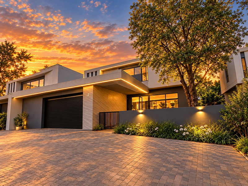 A stunning modern cluster home facade featuring a paved driveway, automated garage, and sophisticated architectural lighting at sunset.