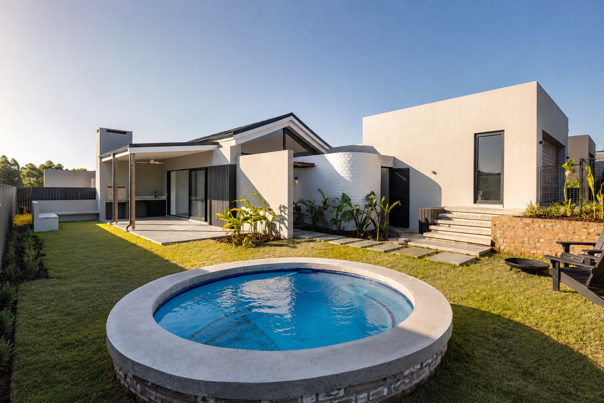 A modern rear exterior view featuring a circular plunge pool, landscaped lawn, covered patio with built-in braai, and contemporary architectural design.