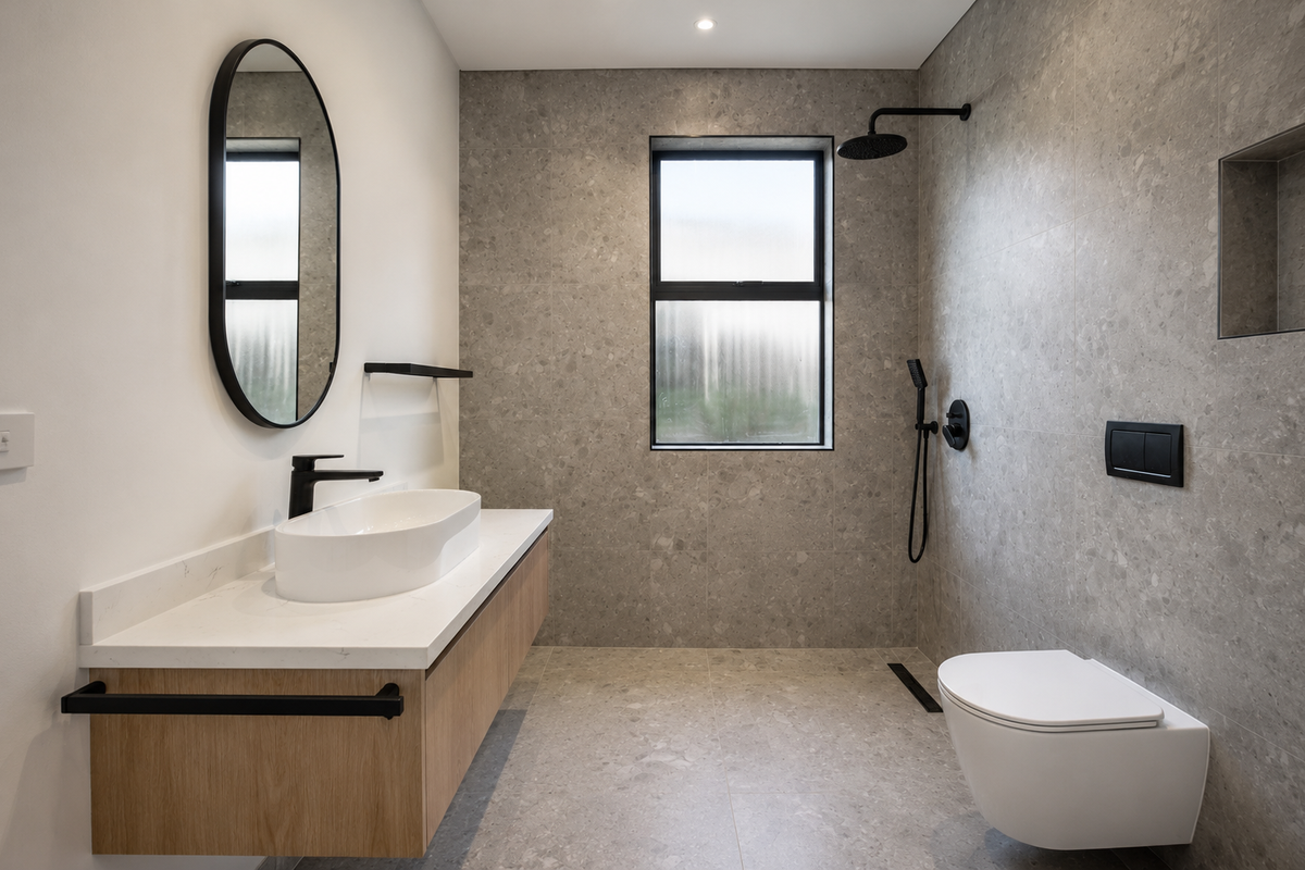 Modern bathroom featuring a floating timber vanity with stone countertop, wall-mounted toilet, walk-in shower with matte black fixtures, and large-format grey terrazzo-style tiling.