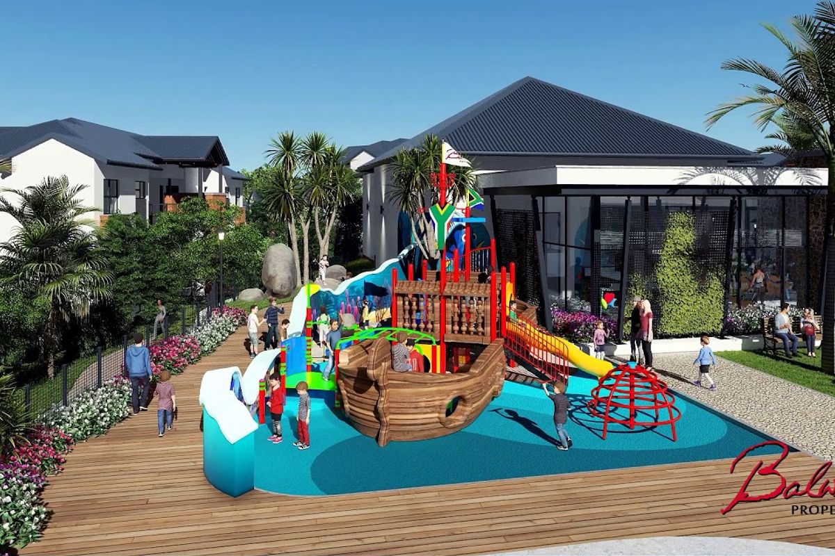A professionally rendered view of a modern residential complex featuring a well-designed communal playground area with integrated play equipment and landscaped surroundings.