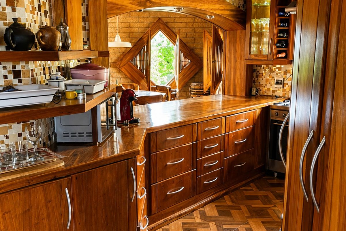 A warm, rustic kitchen featuring custom timber cabinetry, mosaic tile backsplash, parquet flooring, and a unique arched opening leading to an adjacent living space.