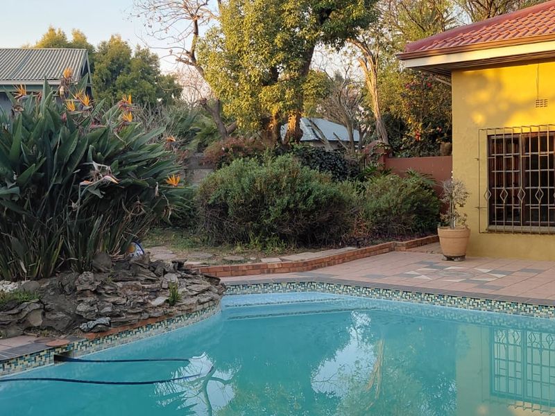 A backyard pool area featuring a swimming pool, tiled patio space, and established garden landscaping adjacent to the main house structure.