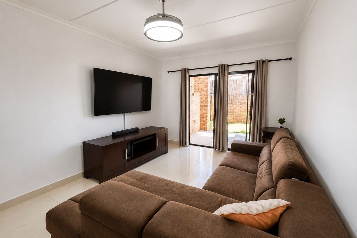 A well-maintained living room featuring tiled flooring, a ceiling fan, and sliding glass doors providing direct access to an outdoor patio area.