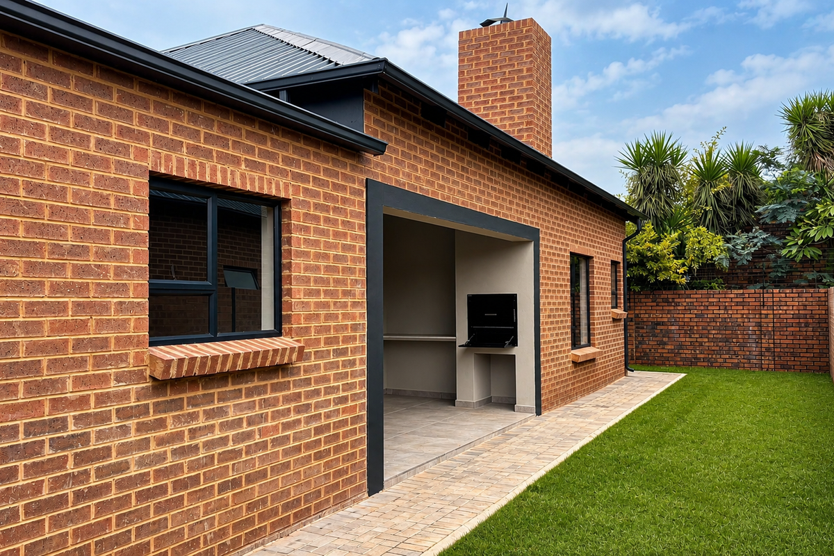A well-maintained rear exterior featuring a covered patio with a built-in braai, brick facade, paved walkway, and a neat lawn.