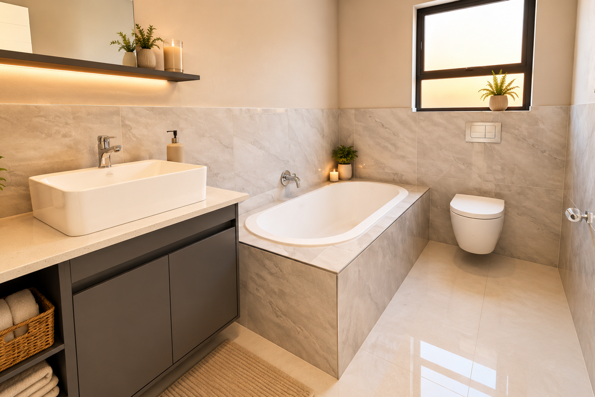 Modern bathroom featuring a sleek vanity with vessel sink, built-in bathtub, wall-mounted toilet, and elegant marble-look wall and floor tiling.