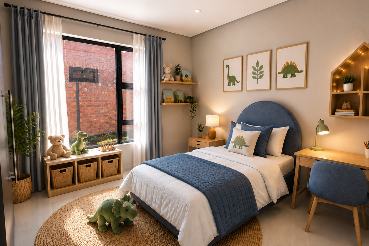 A well-lit, modern bedroom featuring a large window, neutral wall tones, and built-in shelving, creating a comfortable and inviting living space.