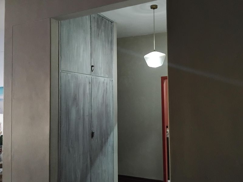 A hallway featuring built-in storage cabinetry, classic parquet flooring, and a pendant light fixture, providing a functional transition space within the apartment.