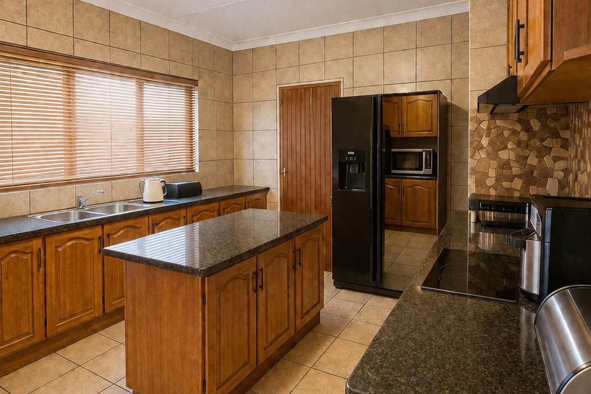 A functional kitchen featuring wooden cabinetry, granite countertops, a central island, and tiled finishes throughout.