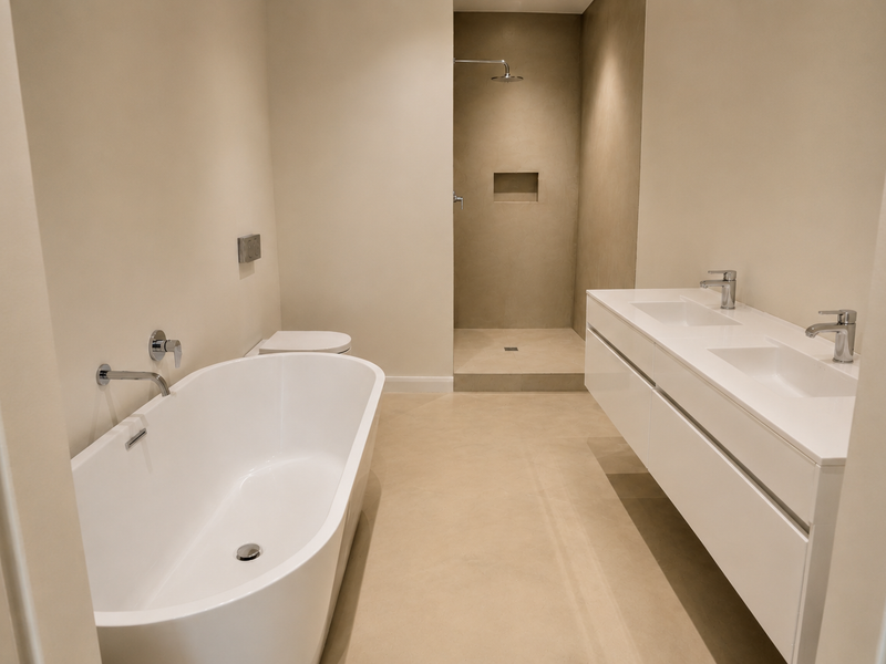 Modern bathroom featuring a sleek double vanity, freestanding bathtub, and a spacious walk-in shower with a recessed niche and rain shower head.
