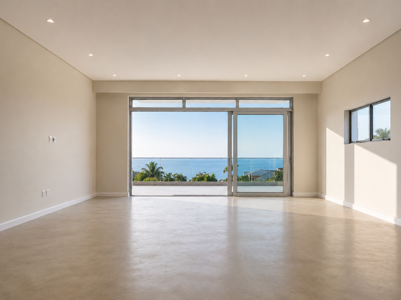 Spacious, light-filled living area featuring polished concrete floors, recessed lighting, and large sliding doors opening to a balcony with ocean views.
