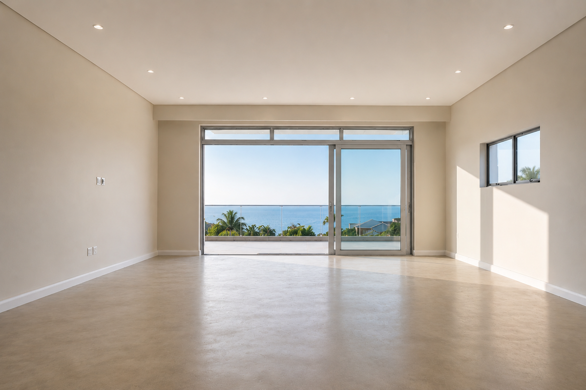 Spacious, light-filled living area featuring polished concrete floors, recessed lighting, and large sliding doors opening to a balcony with ocean views.