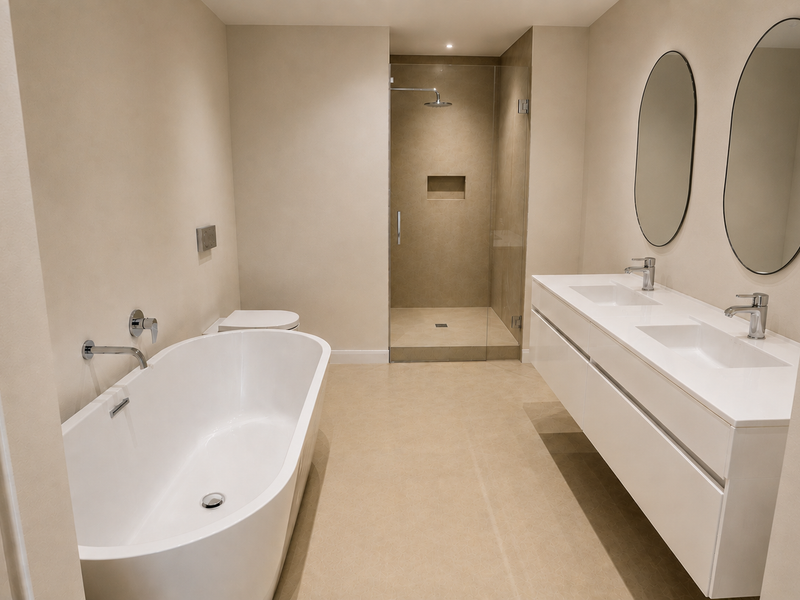 Modern, spacious bathroom featuring a double vanity, freestanding bathtub, and a walk-in shower with a recessed niche and glass enclosure.