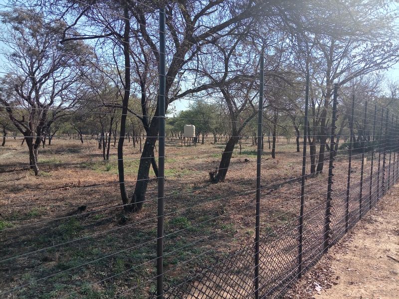 A view of the farm grounds featuring a secure perimeter electric fence and a raised water storage tank set among mature trees.