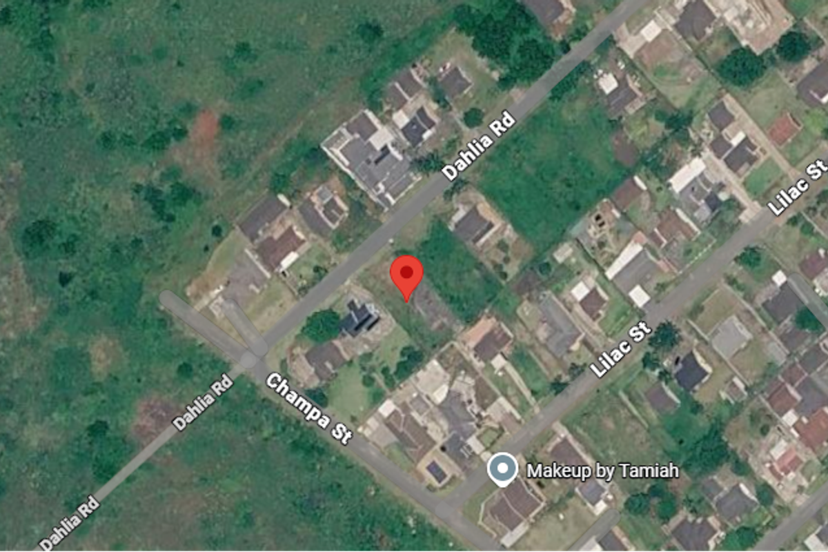 An aerial map view showing the residential land plot location at the intersection of Dahlia Road and Champa Street.