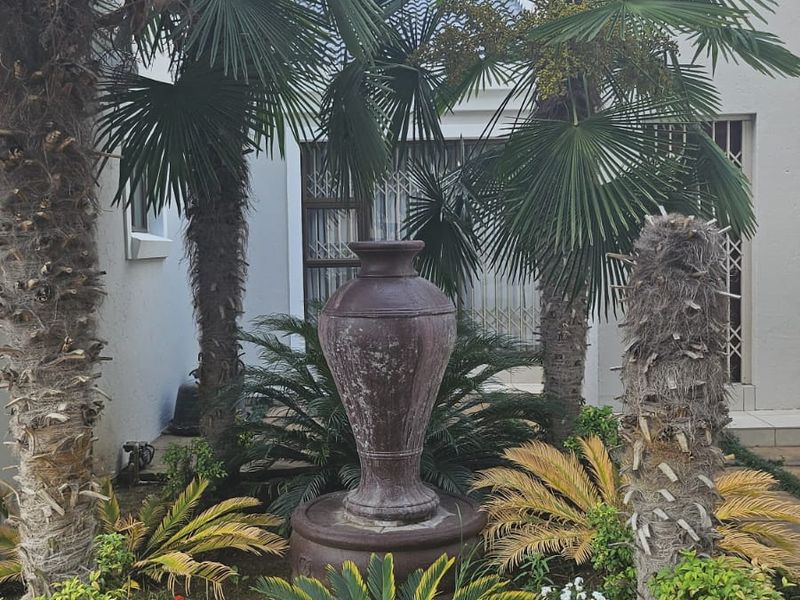 A well-maintained garden area featuring mature palm trees, a central decorative fountain, and a paved walkway leading to the building entrance.