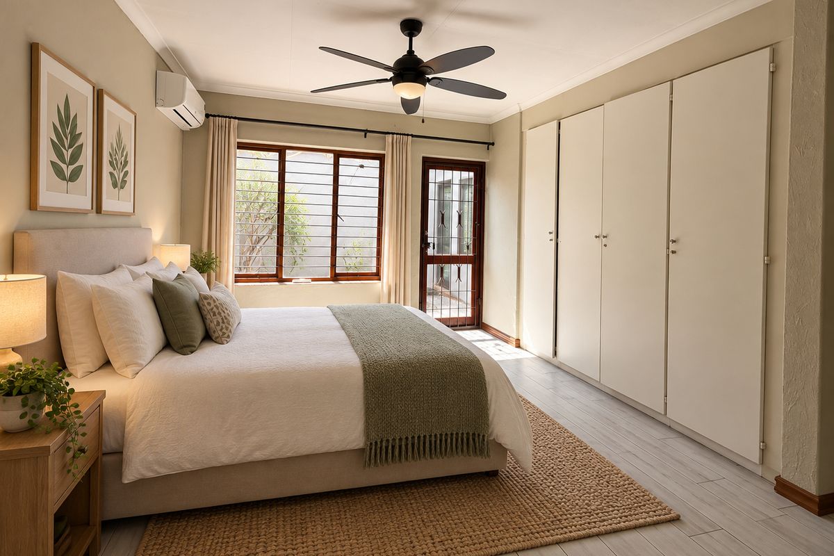 A well-maintained bedroom featuring built-in cupboards, a ceiling fan, split-system air conditioning, and direct access to an outdoor area through a security gate.