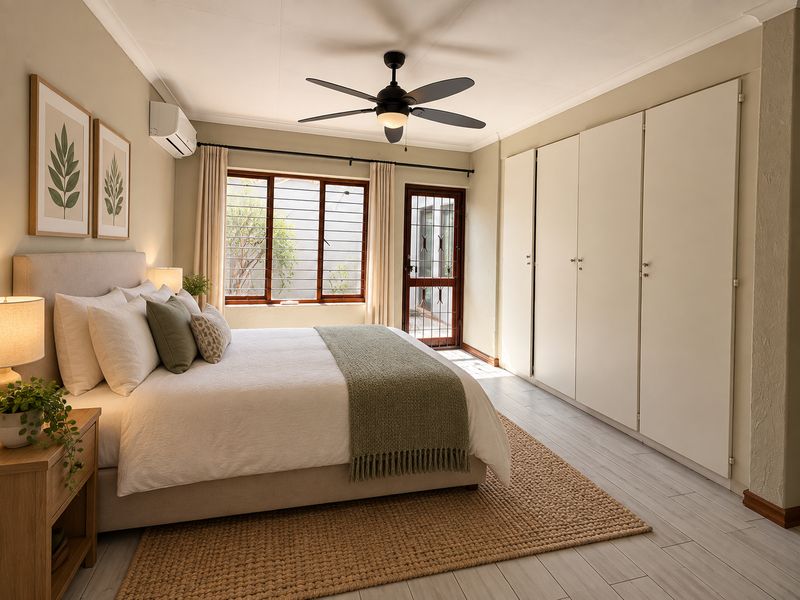 A well-maintained bedroom featuring built-in cupboards, a ceiling fan, split-system air conditioning, and direct access to an outdoor area through a security gate.