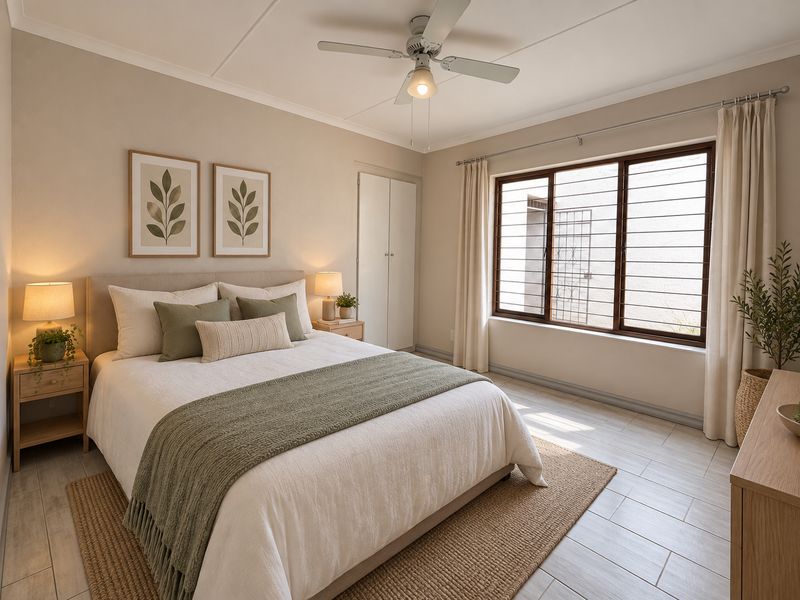 A well-maintained bedroom featuring tiled flooring, a ceiling fan, and built-in storage, offering a clean and neutral living space.