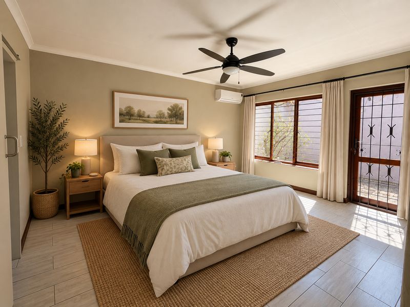 A well-maintained bedroom featuring tiled flooring, a ceiling fan, split-system air conditioning, and direct access to an outdoor area via a secure door.
