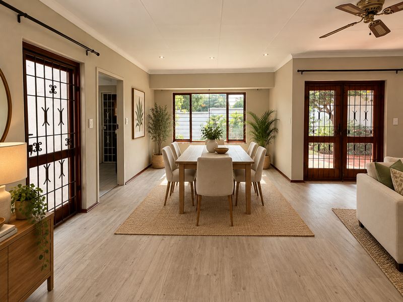 Spacious open-plan living and dining area featuring wood-look laminate flooring, recessed lighting, and direct access to outdoor spaces through secure timber-framed glass doors.