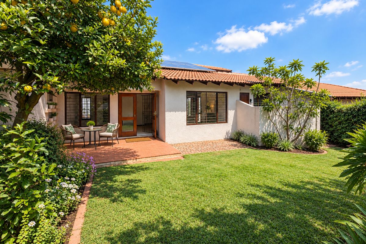 A well-maintained rear exterior view of the townhouse featuring a brick patio, landscaped garden, and solar panels installed on the tiled roof.