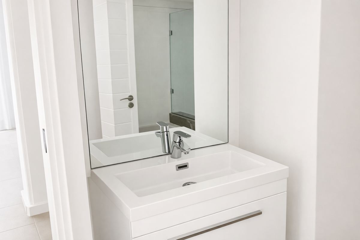 A clean, modern bathroom featuring a white vanity cabinet with an integrated basin, chrome mixer tap, and a large wall-mounted mirror.